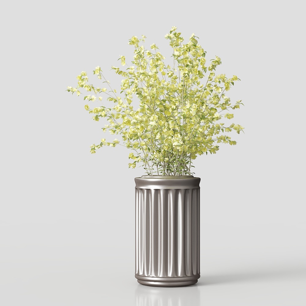 Vase with Green Plant Low-Poly 3D Model – Metallic Silver Finish