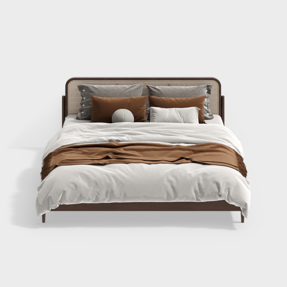 Elegant Scandinavian Bed 3D Model – Minimalist Wooden Frame