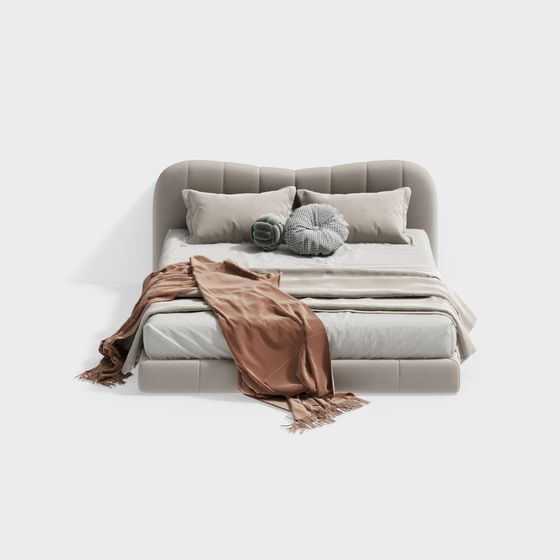 Cream Style Double Bed 3D Model in Beige