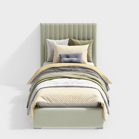 Modern Single Bed 3D Model in Green Color