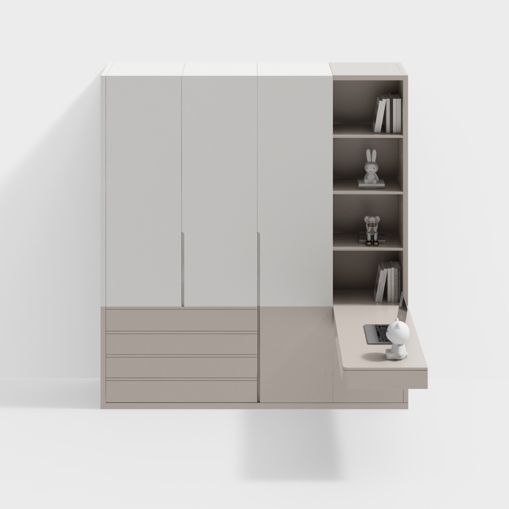 Modern Wardrobe with Bedside Tables 3D Model in Wood Color