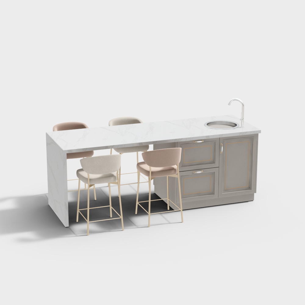 Urban Kitchen Island 3D Model – Marble & Gold Accents