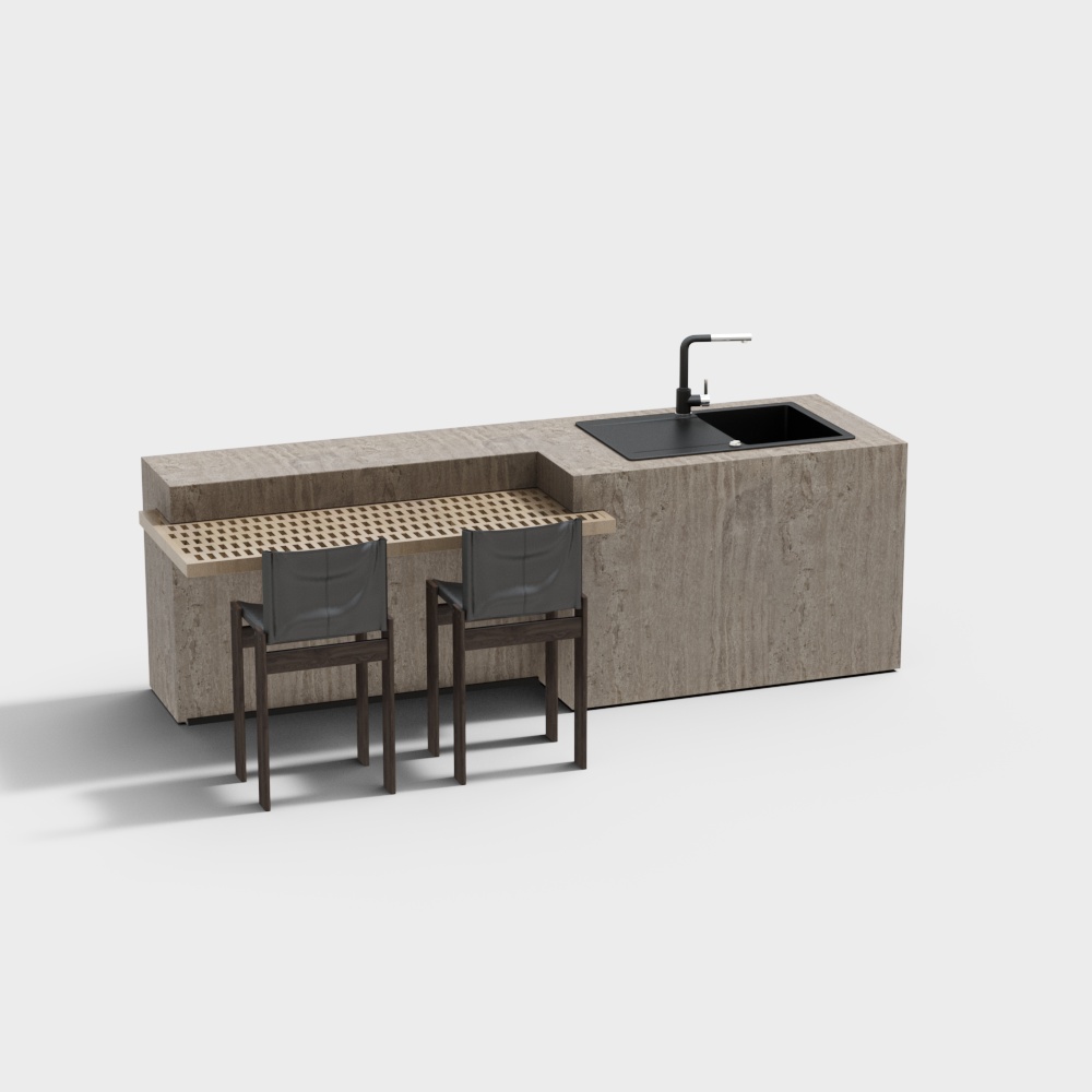 Elegant Minimalist Kitchen Island 3D Model – Marble & Wood