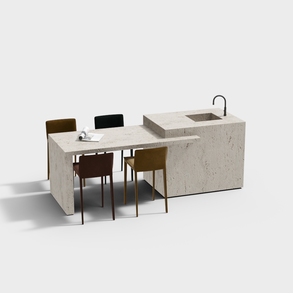 Modern Kitchen Island 3D Model – Marble & Wood Design