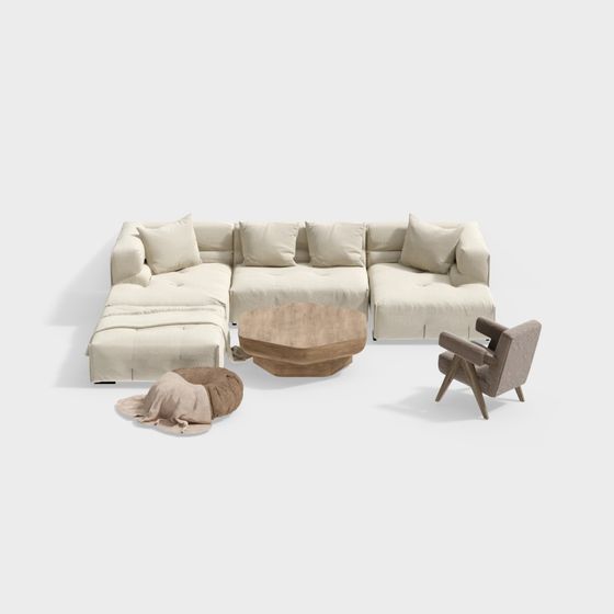 Wabi-Sabi Style Sofa Set 3D Model in Beige Finish