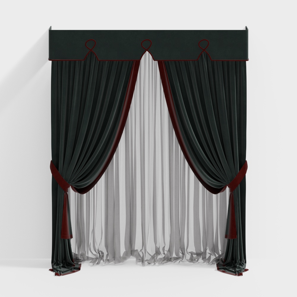 Luxurious Velvet Curtain 3D Model – Deep Green & Burgundy