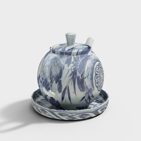 Traditional Blue and White Porcelain Teapot 3D model