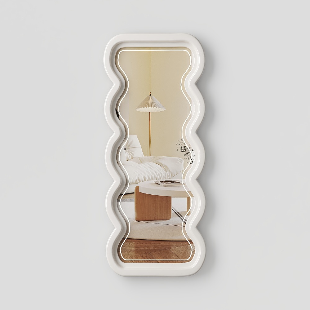 Curved Mirror 3D Model – Minimalist White & Wood Frame