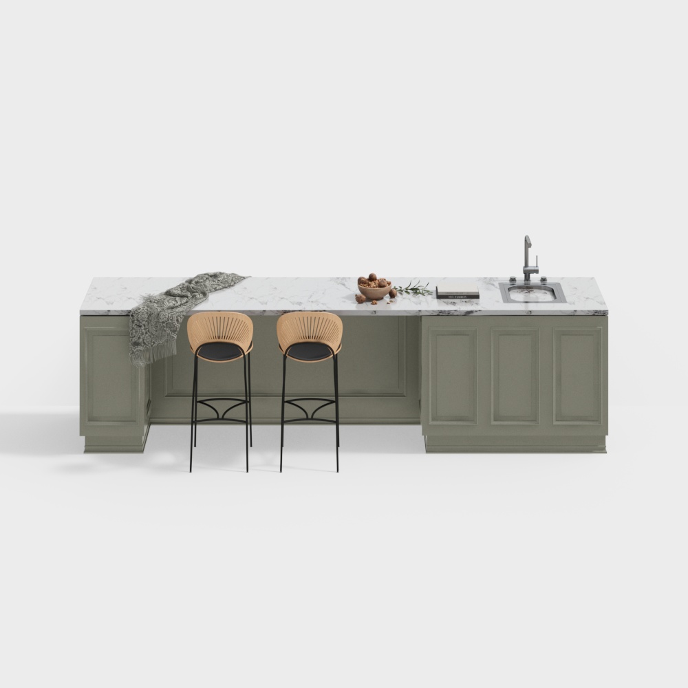 Modern Low-Polygon Kitchen Island 3D Model – Gray & Marble