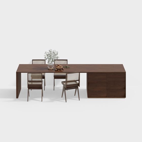 Brown Medieval Style Dining Table and Chair Set 3D Model