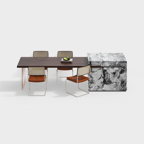 Brown Modern Island Dining Table and Chair Set 3D Model