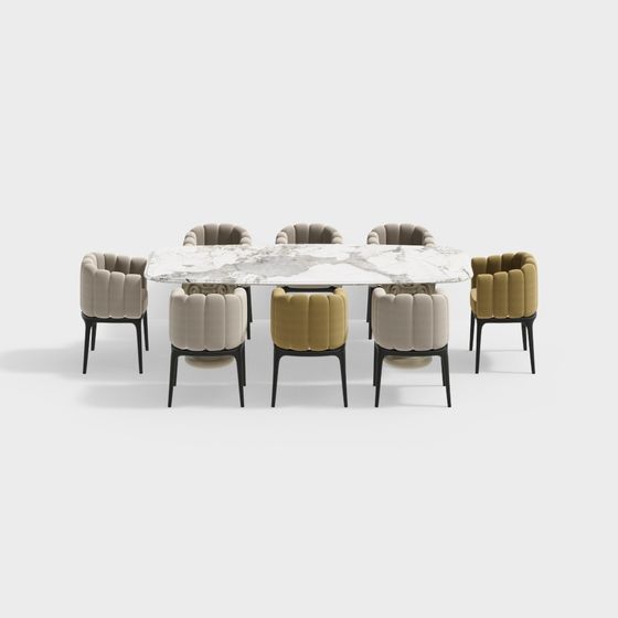 Elegant Marble Dining Table with Suede Chairs 3D model