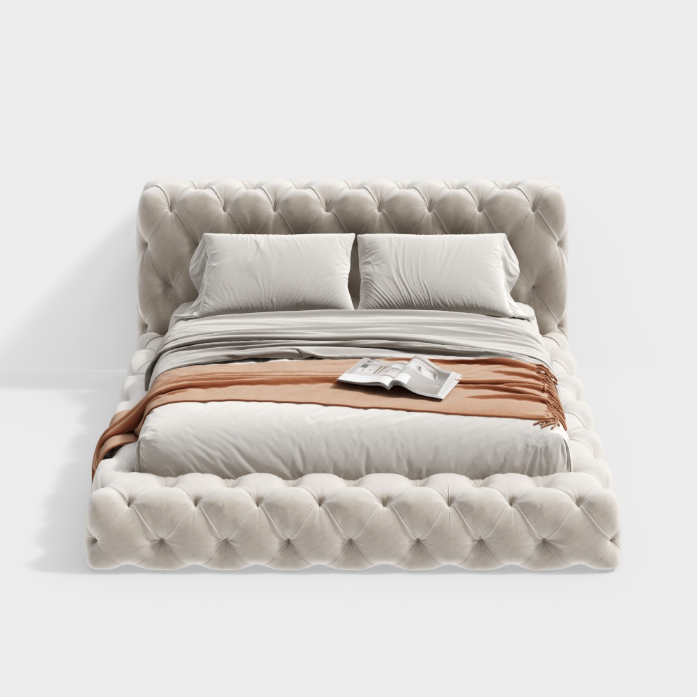Elegant Tufted Velvet Bed 3D Model – Soft Beige Design