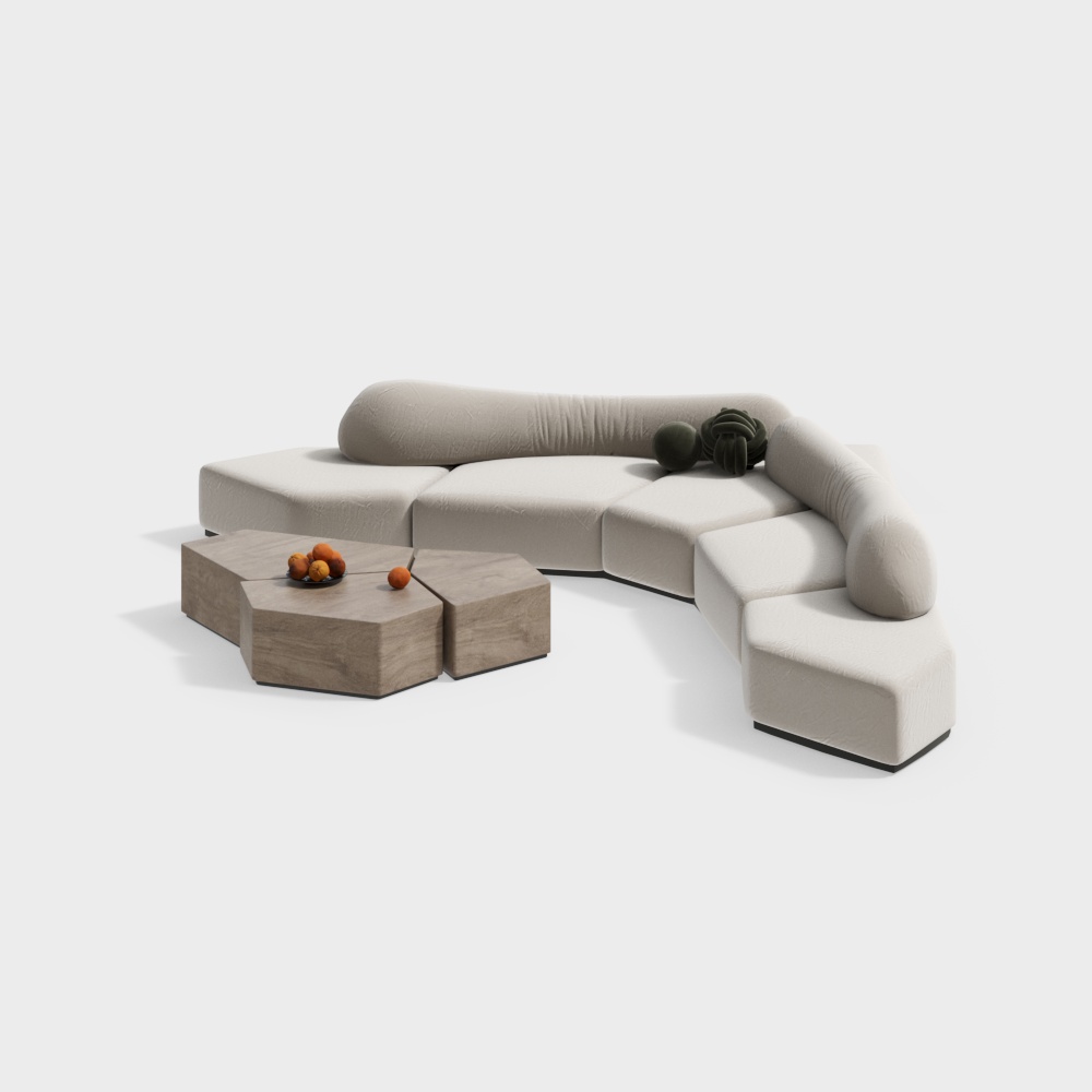 Curve Comfort Sofa 3D Model – Beige Fabric with Flowing Curves