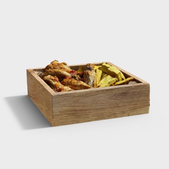 Realistic Low-Poly Wood Box Chicken Wings and Fries 3D model