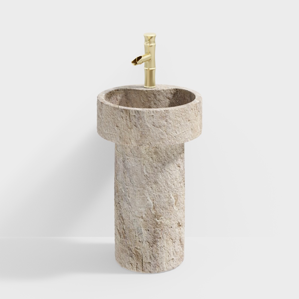 Rock Sink 3D Model – Natural Stone with Gold Faucet