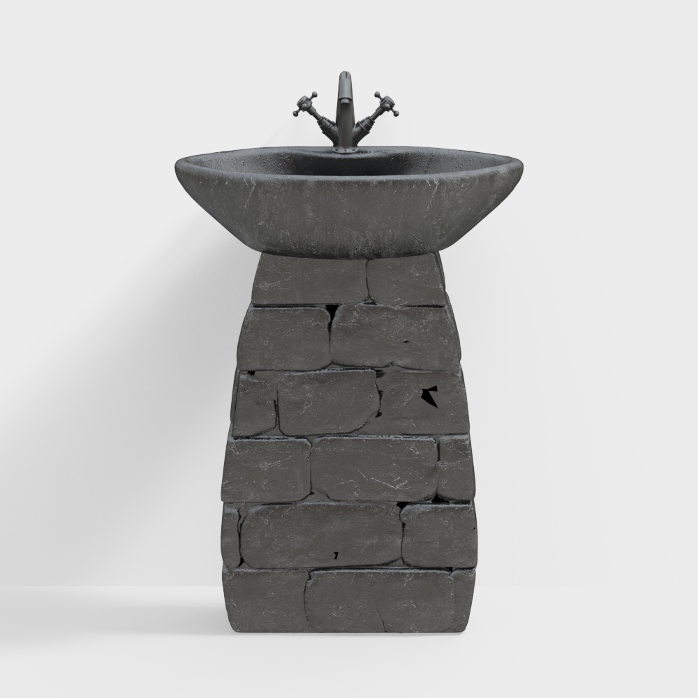Vintage Stone Sink 3D Model – Carved Stone & Silver Faucet