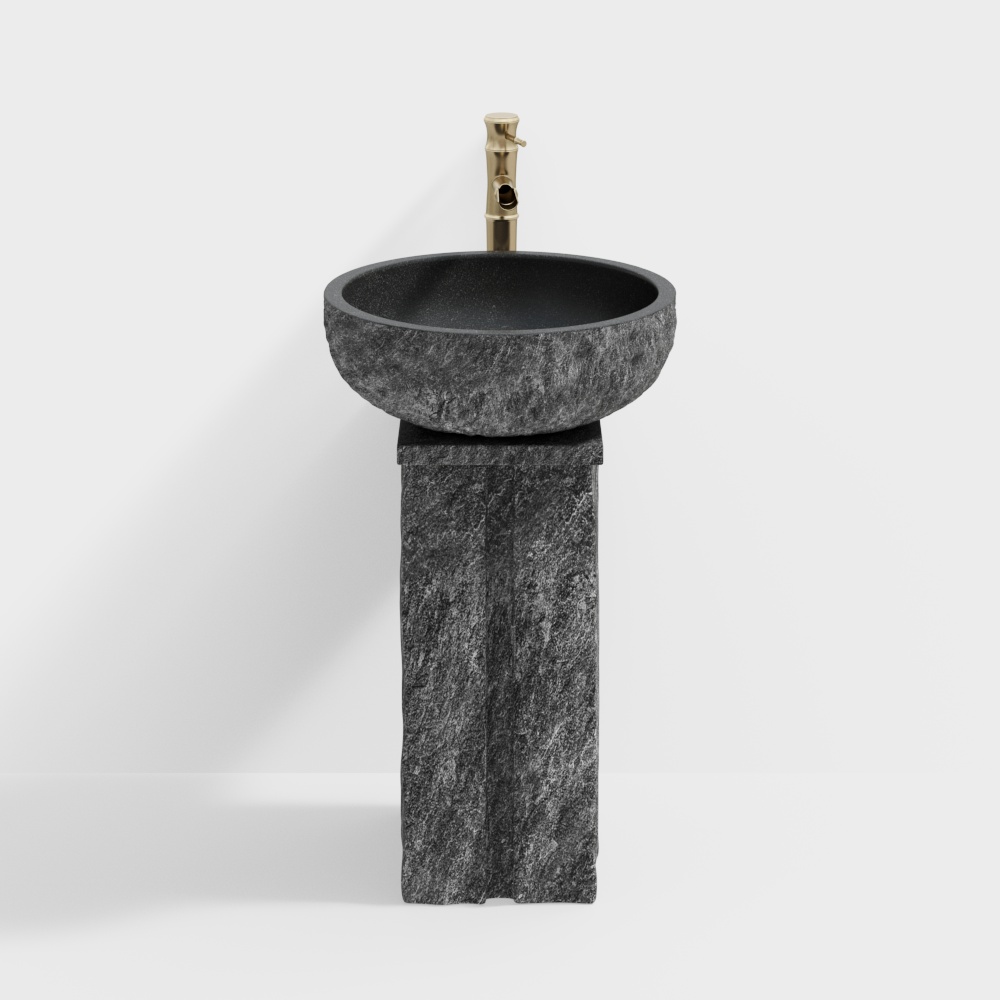 Rock Sink 3D Model – Black Stone with Golden Faucet