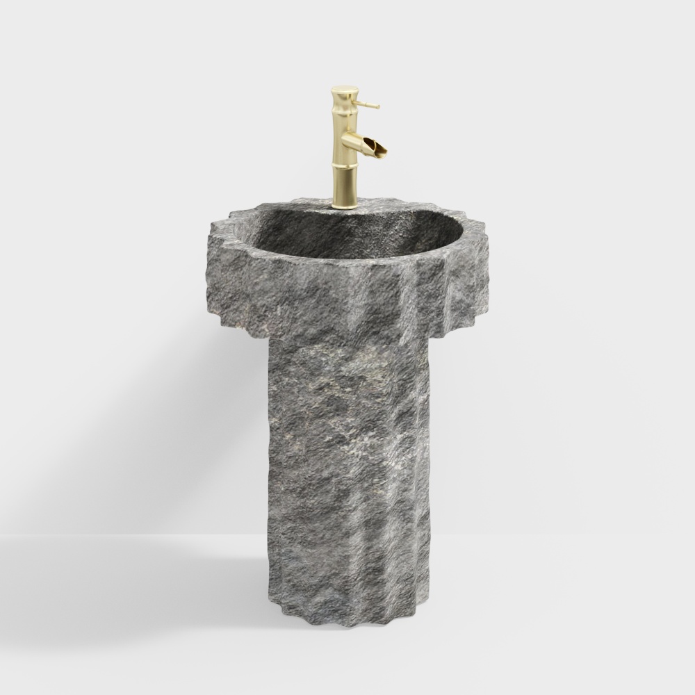 Elegant Rock Sink 3D Model – Gray Stone & Golden Faucet
