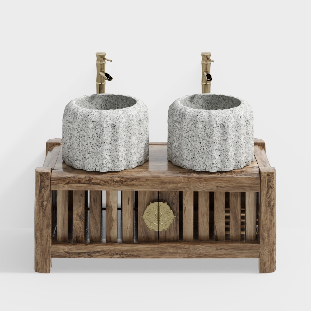 Elegant Dual Sink Bathroom Cabinet 3D Model – Wooden Frame