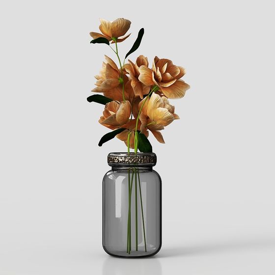 Vibrant Flower Bouquet in Glass Bottle 3D Model