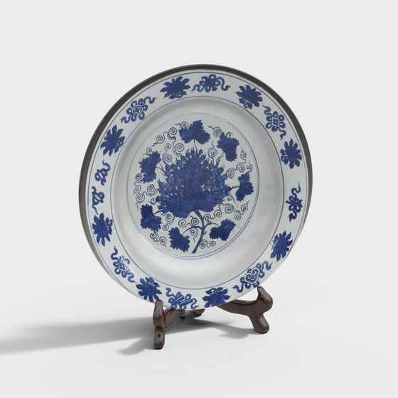 Elegant Blue and White Porcelain Plate 3D model