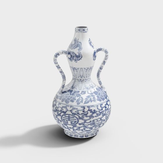 Elegant Blue and White Porcelain Gourd Bottle 3D model