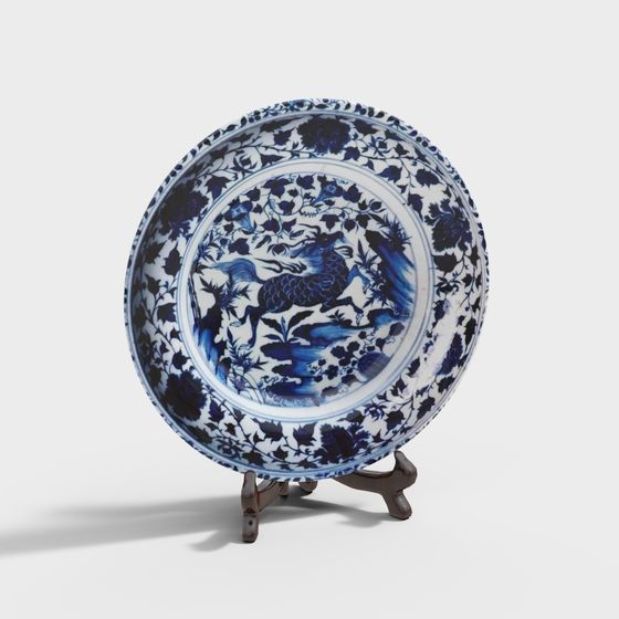 Elegant Blue and White Porcelain Plate 3D model