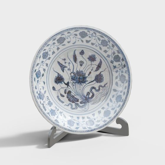 Artistic Blue and White Porcelain Plate 3D model