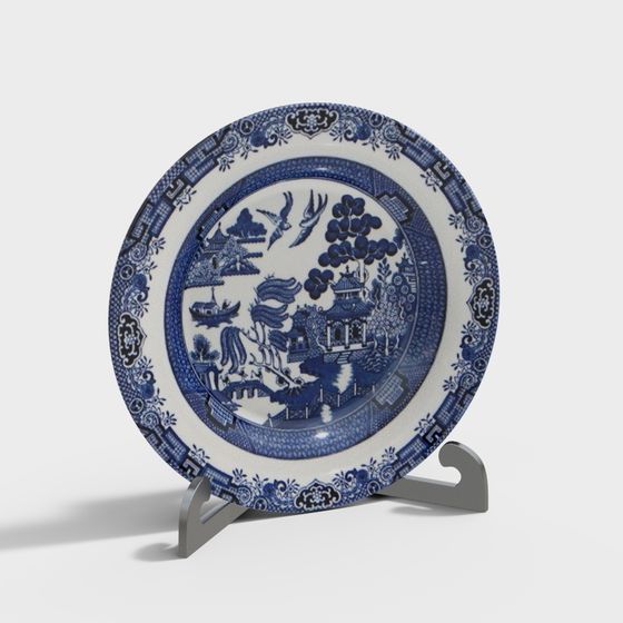 Traditional Blue-and-White Porcelain Plate 3D model