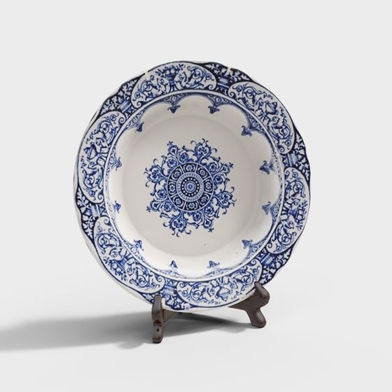 Traditional Blue and White Porcelain Plate 3D model