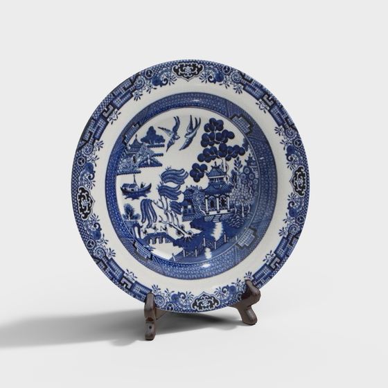 Elegant Blue and White Porcelain Plate 3D model