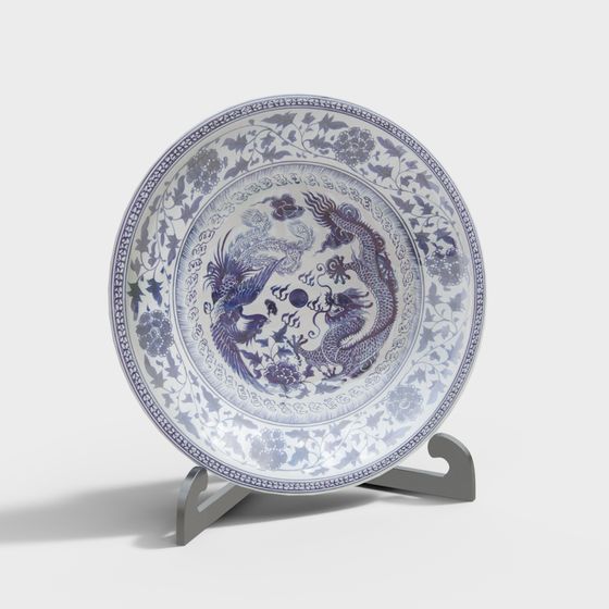 Exquisite Blue and White Porcelain Plate 3D model