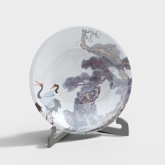 Ink Wash Crane Plate 3D model for Creative Projects