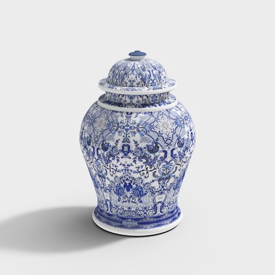 Stylish Blue and White Porcelain Jar 3D Model