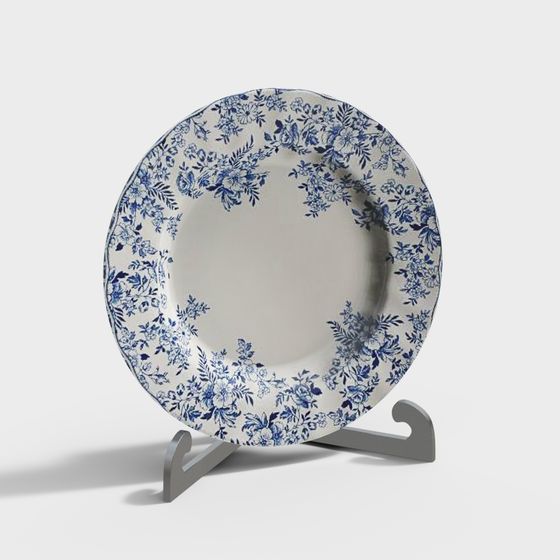 Elegant Blue Floral Plate 3D model