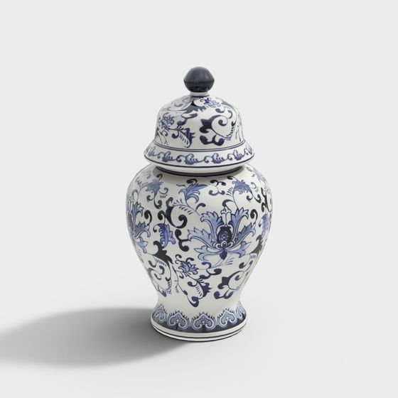 Elegant Blue and White Porcelain Jar 3D model