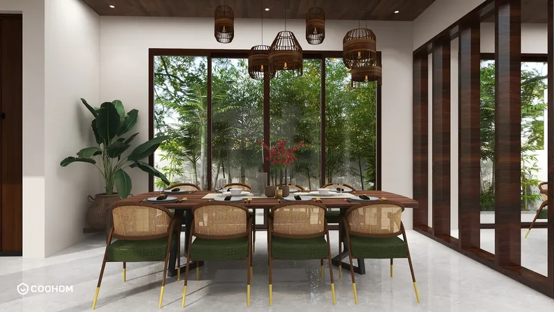 Modern dining room featuring wooden table, green woven chairs, large windows, plants, and ceiling light