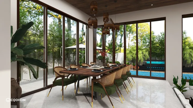 Modern dining room featuring wooden table green chairs hanging ceiling lights and large glass sliding windows