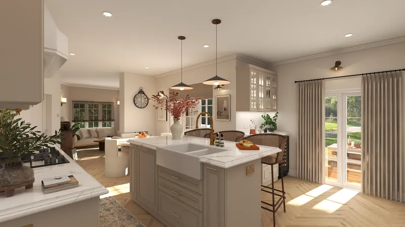 Open plan kitchen with marble island, two ceiling lights, breakfast bar, and living room view