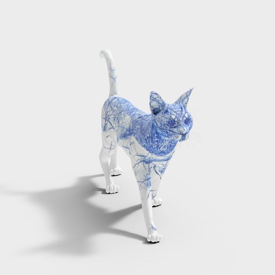 Blue Line Cat Low Poly 3D Model for Creative Projects