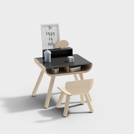 Playful Study Desk and Chair 3D model for Kids