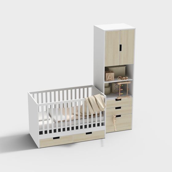 Modern Minimalist Baby Cot and Storage Cabinet 3D model