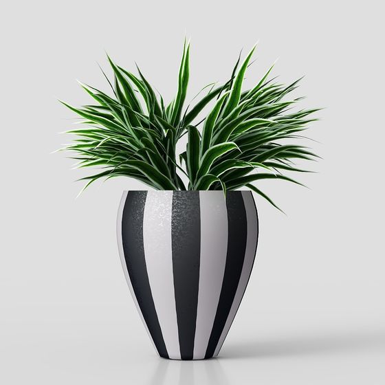 Black and White Striped Vase with Plants 3D model