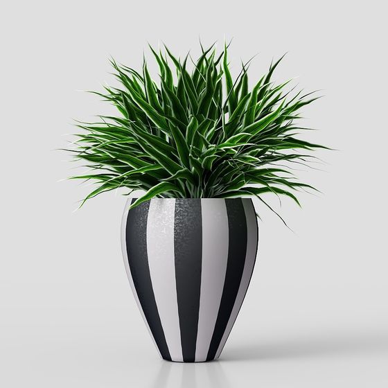 Modern Black and White Striped Vase with Green Plant 3D model