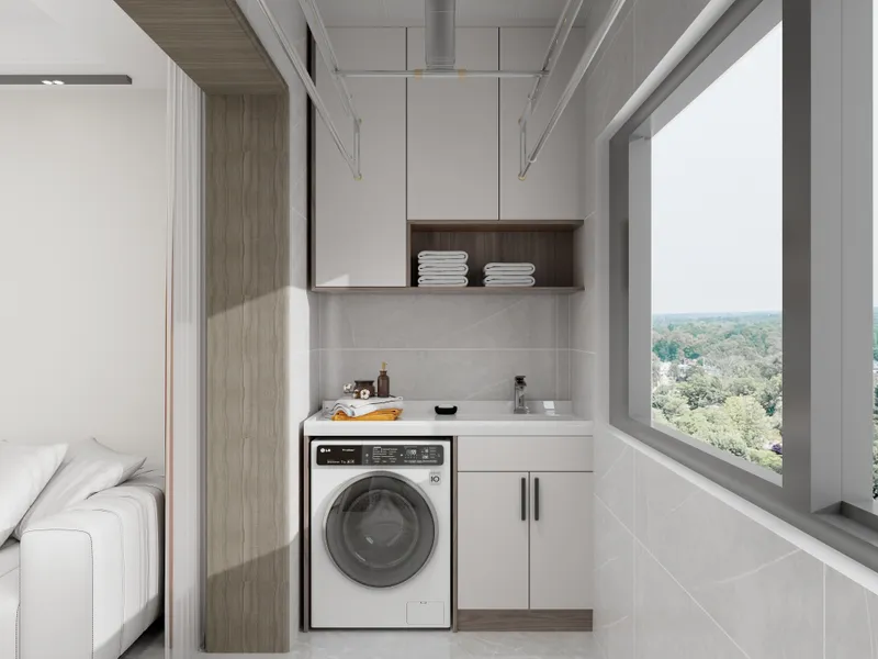 Modern laundry balcony featuring white washing machine storage cabinets sink hanging drying rack and windows