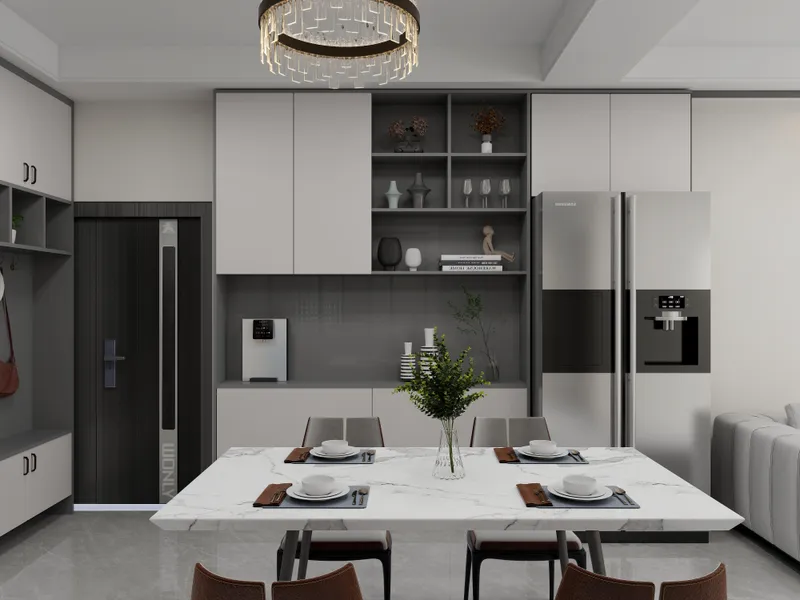Modern dining room featuring marble table, grey storage cabinets, large silver refrigerator, and ceiling light