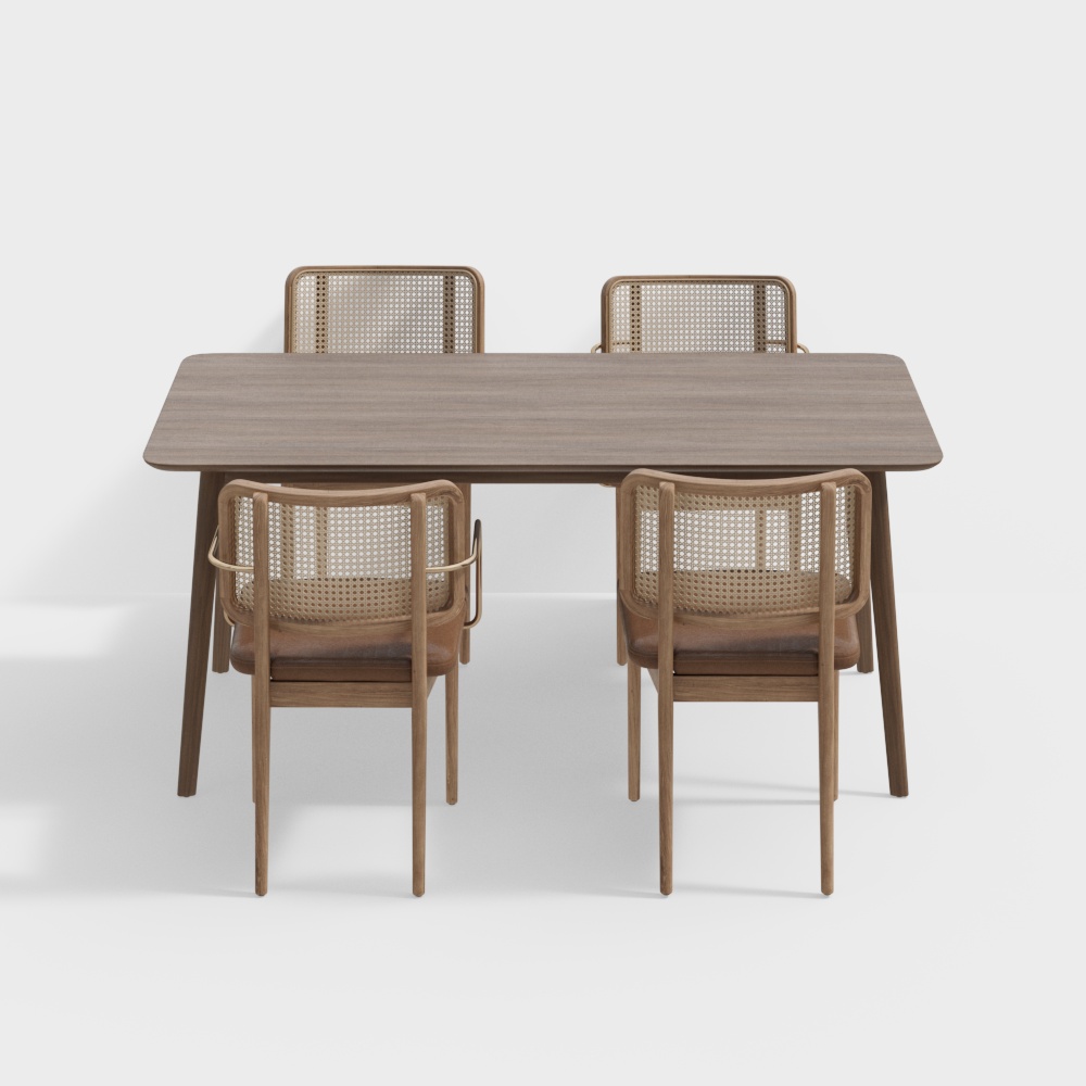Minimalist Dining Table and Chairs 3D Model – Wood & Rattan