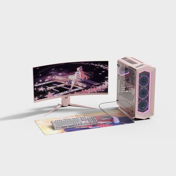 Pink Gaming PC 3D model with Curved Display