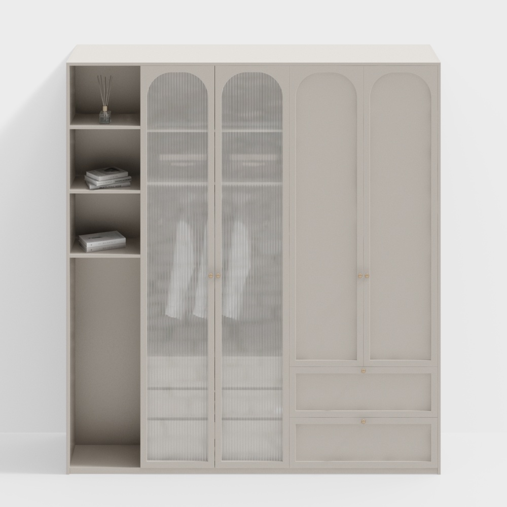 Minimalist Wardrobe 3D Model – Beige with Curved Glass